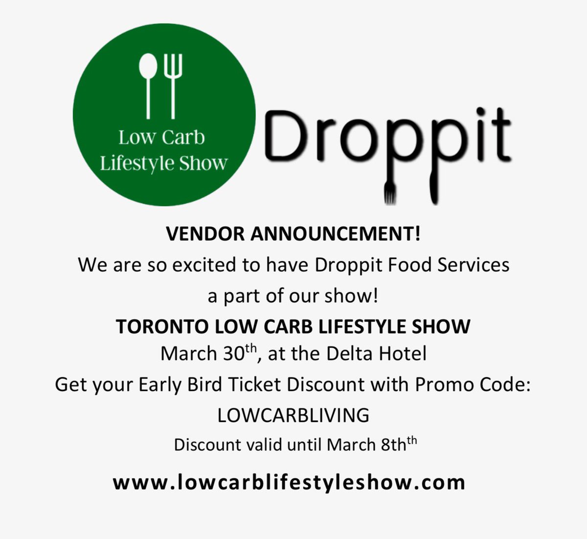 lowcarbshow's tweet photo. Vendor Announcement!! Droppit Food Services will be offering samples and selling product at our show! Get your tickets now and use promo code LOWCARBLIVING for $5 off! https://t.co/j7HqV1ud4L
#Droppit #lowcarblifestyleshow #Ketodiet https://t.co/QxQB84pcFd