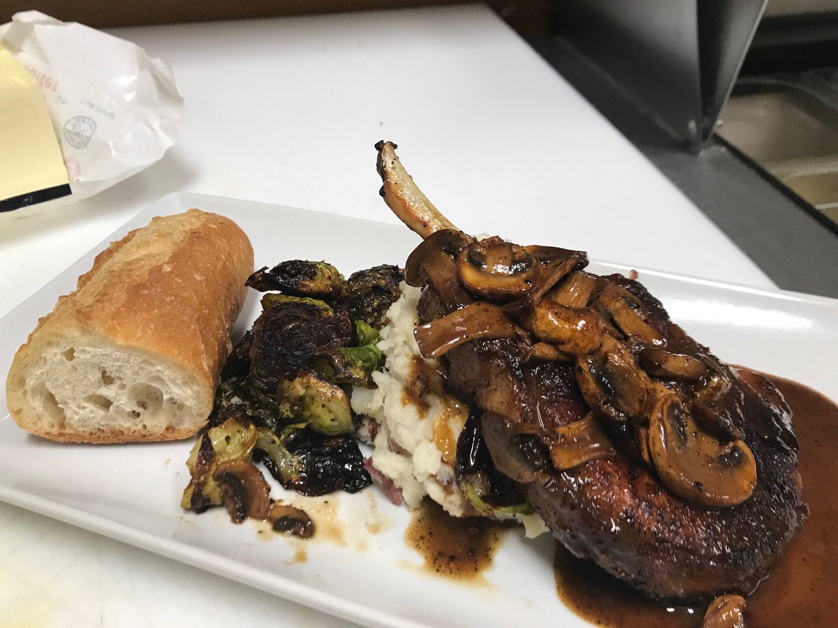 Food Special this week at The Angle: Grilled Pork Chop (10oz) with  mushroom pan sauce, whipped red skin potato, and Brussel Sprouts, served  with house "On The Rise" baguette <a href="/oldangletavern/">Old Angle</a>