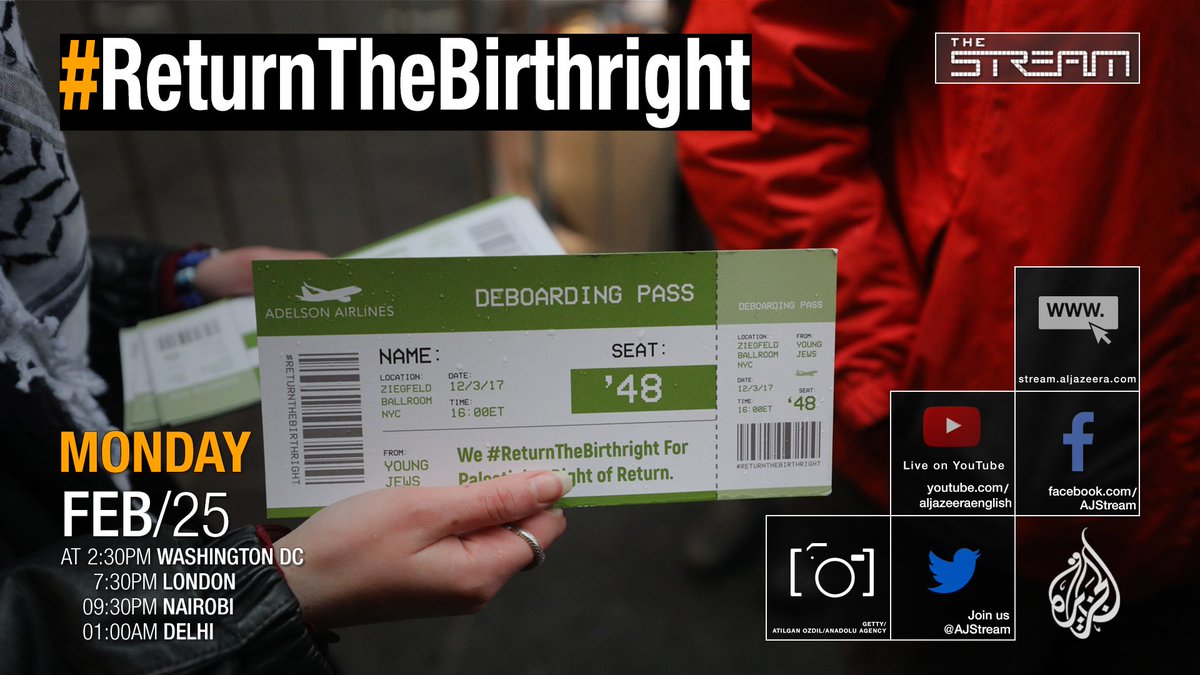 AJStream's tweet photo. On Monday, we explore #ReturnTheBirthright, which calls on diaspora Jews to boycott @birthright Israel – a free, “educational tourism” programme for Jewish adults between the ages of 18 and 32. What do you think of the initiative? Tweet us your thoughts. https://t.co/TQ0jP4Xw8f