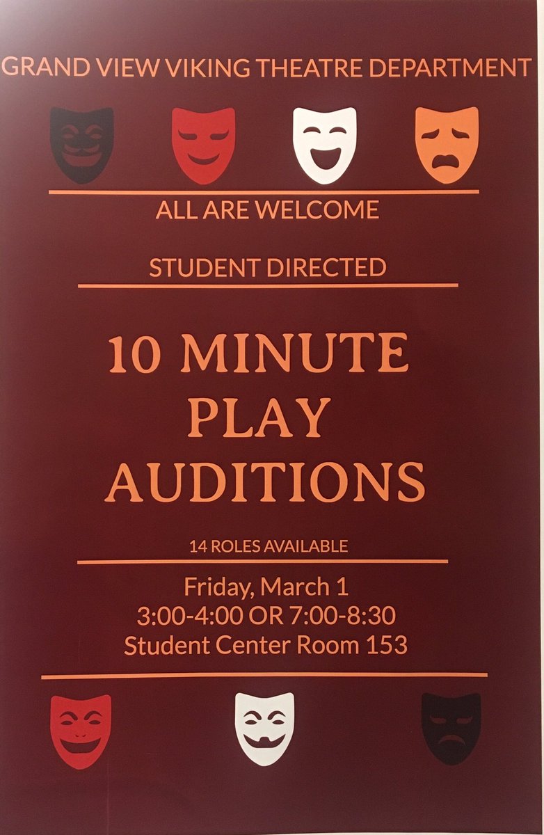 APOGrandview's tweet photo. With all the excitement around midterms, don’t forget about our 10 minute play auditions ONE WEEK from TODAY! Student directed. 14 roles available. Flexible rehearsal times. What more could you want? https://t.co/vmbTPMRQH2