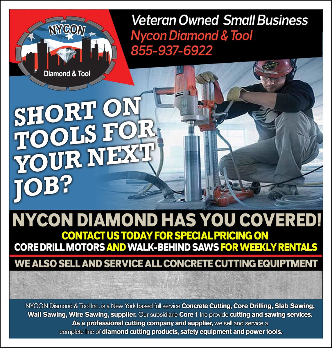 Nycondiamond's tweet photo. Working on a construction project, but don't have the correct tools? Why spend money buying when you can rent from #Nycondiamond? We have a wide selection of core drills, rigs, and walk-behind saws all ready to go today. #toolrentals #concretecutting #diamondblades https://t.co/854eZPPGJl