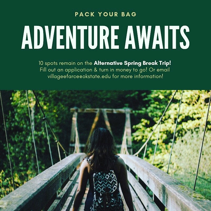 ASBOkstate's tweet image. 10 spots remain on our Alternative Spring Break trip! Turn in an application and money, as soon as possible, to reserve your spot! #service #OkState