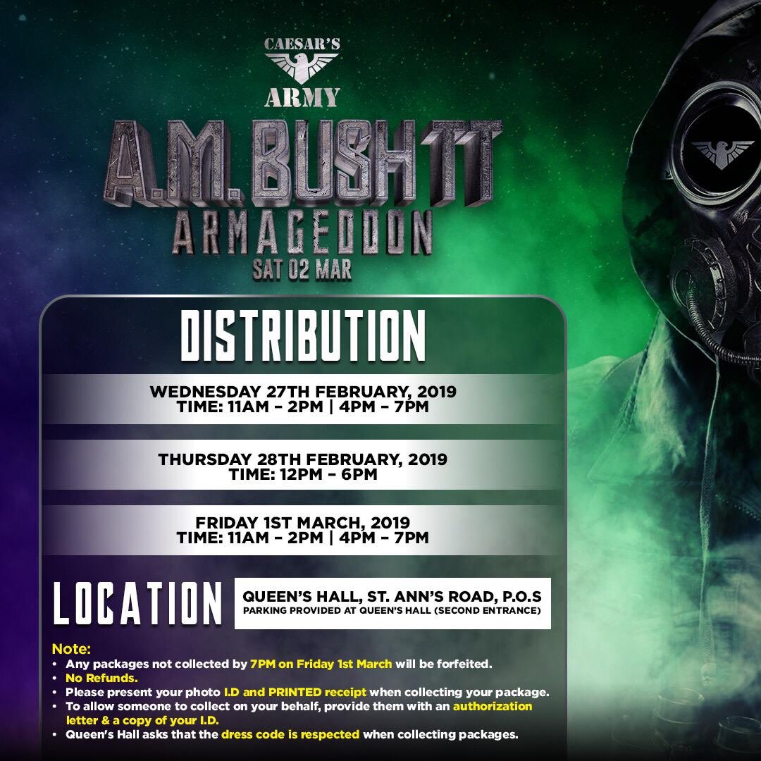 tenilleclarke1's tweet photo. Here are your @caesarsarmy A.M.Bush 2019 distribution details. Please take notes of dates, times and location, and get in formation! β¨
#IAmRoman #Carnival2019 #AMBushTT #Armageddon https://t.co/Wsnk0G4t7I