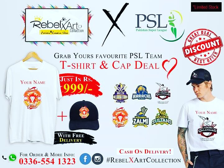 DEAL ! 😍 DEAL ! 😍  DEAL ! 😍
Get #PSLShirt & #PSLCap !
Just in Rs. 999/- With #FreeHomeDelivery #NoHiddenCharges
Delivery in 3 days. 
Inbox us for order.
Support your team by wearing shirts and caps with logos.
For order Call/whatsapp us at 0336-5541323.
🏏 🏏 🏆 🏆 ♥️