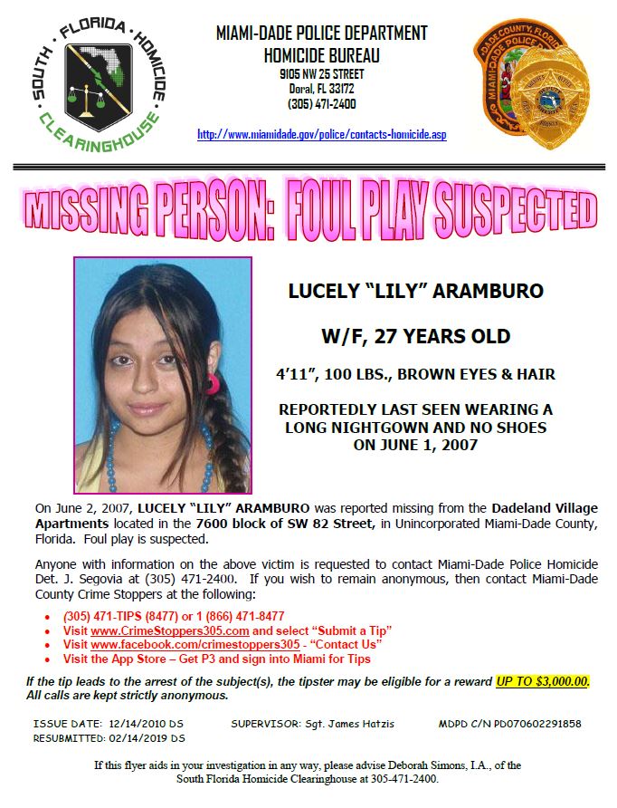 MiamiDade_SO's tweet photo. #MISSING: On June 2, 2007, Lucely “Lily” Aramburo was reported missing from the Dadeland Village Apartments located in the 7600 block of SW 82 Street. Anyone with information is urged to contact @CrimeStopper305 at (305) 471-8477. https://t.co/xjPKNFhUcj