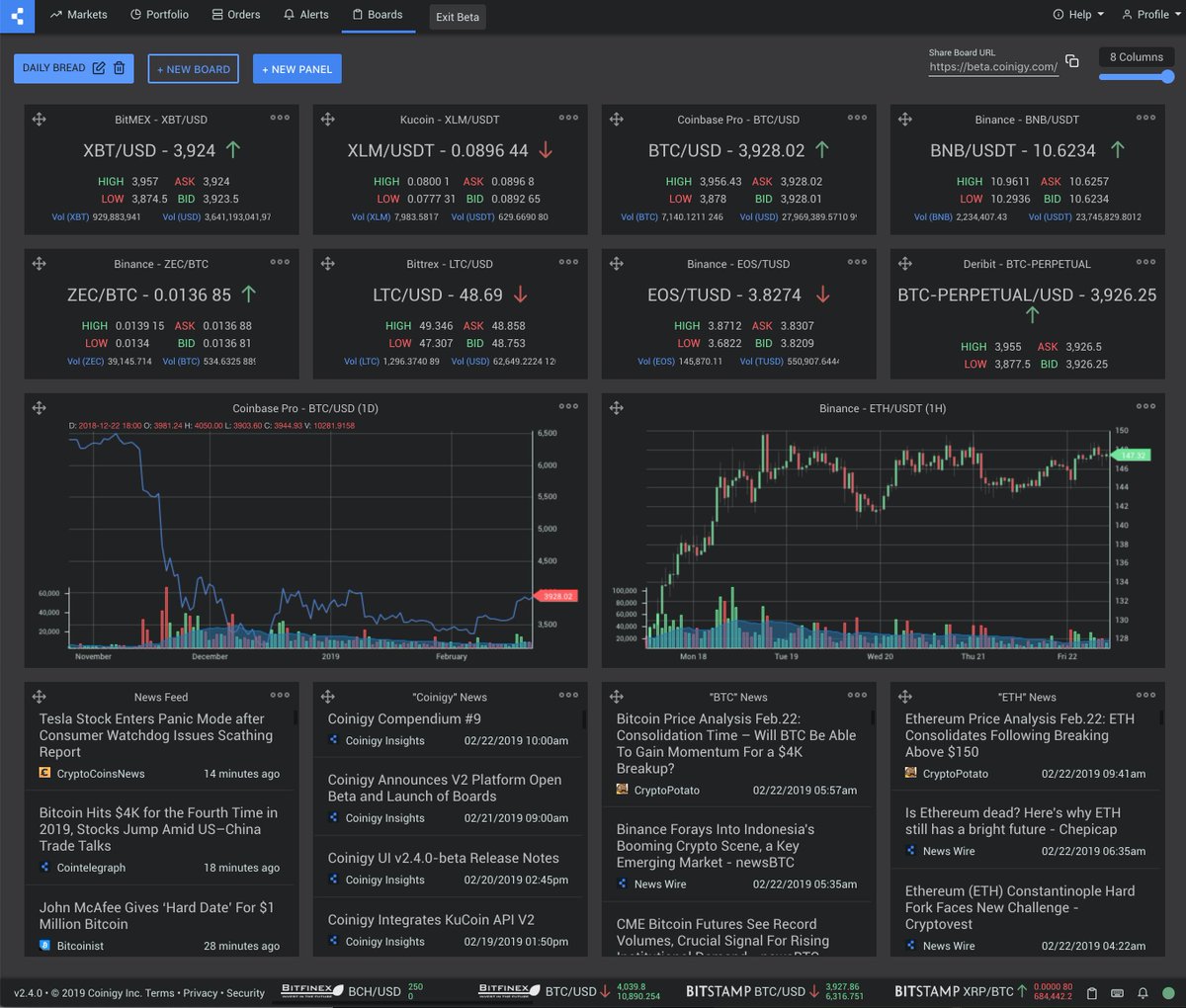 Coinigy's tweet photo. What does your #Crypto HUD look like? #CoinigyV2 Boards allow unlimited customization. Get a full market overview, every day, in the same place. https://t.co/GHdik6Cx7e