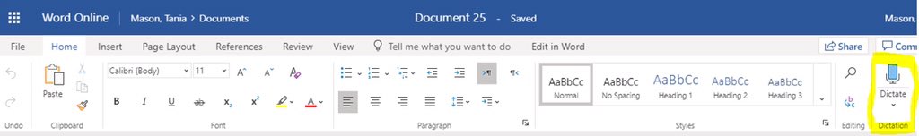 techitan's tweet image. Dictate in Word Online. Check your computers. This is rolling out at #UCDSB now.