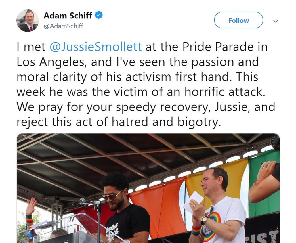Hi! I’m @AdamSchiff. I’m the head of the Intelligence Committee of the United States House of Representatives and I was duped by @JussieSmollett and a couple of Nigerians in ski masks wearing red hats. The INTELLIGENCE committee! Let that sink in.