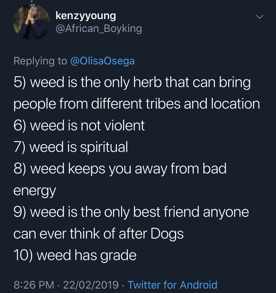 OlisaOsega's tweet photo. This bros is taking his time to explain the benefits of weed in my mention. 😂😂 https://t.co/nHjMzo14Sq
