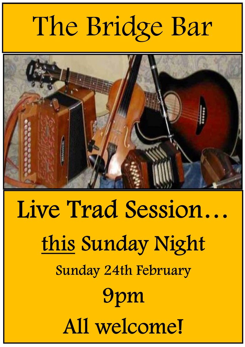 Live Trad Session Sunday Night at the Bridge Bar from 9.00pm. There will be plenty of Ceol agus Craic 🎸 
Everyone welcome to join us! 🎶
#Livemusic #WildAtlanticWay 
#Tradmusic #Irishmusic