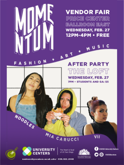 UCSDCenters's tweet photo. Into concerts instead? 🎤 

The MOMENTUM After Party is bringing @bbnoodz (Kehlani's DJ 😉), Mia Carucci, and Vii and you can get tickets ($5) here: https://t.co/Ba9N0zRTZr https://t.co/8FrlshW710