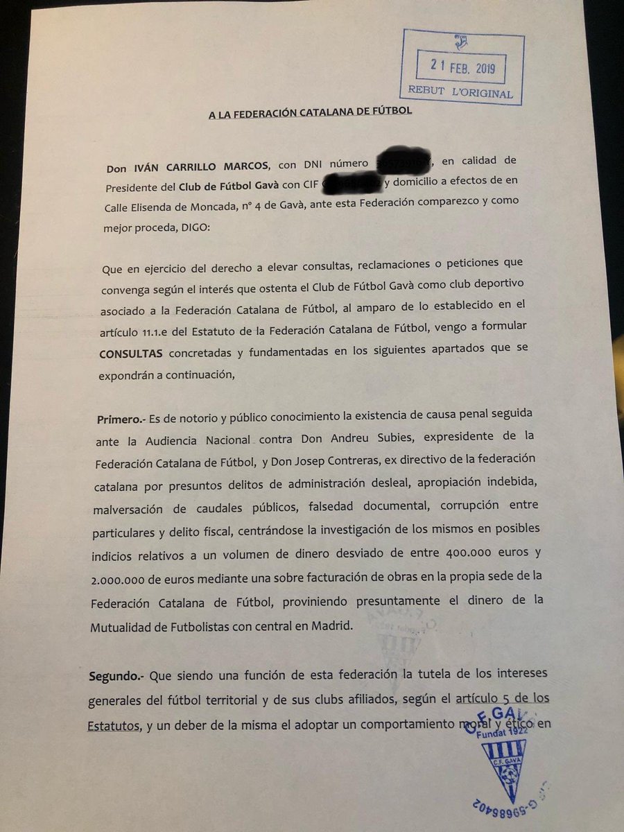 icarrillo18's tweet photo. Com a President del @cfgavaoficial i preocupat per la situació actual de la NOSTRA @FCF_CAT he fet una consulta per saber si la Federació s’ha personat en la causa com a entitat, presumptament, perjudicada. Espero que ens hi afegim tots els afiliats si no hi ha resposta. #fcf https://t.co/jkzMtepbdB