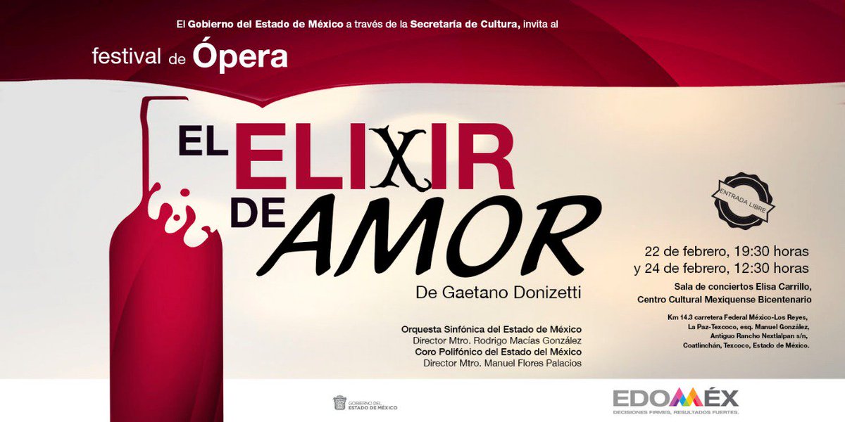 CulturaEdomex's tweet photo. ¡Ha llegado el día!
Hoy tienes una cita con el @coro_Polifonico y la @OSEMoficial en el @ccmbcultura para que seas parte de la ópera #ElixirdeAmor, que se presentará a las 19:30 horas. https://t.co/ej1H9c7vKV