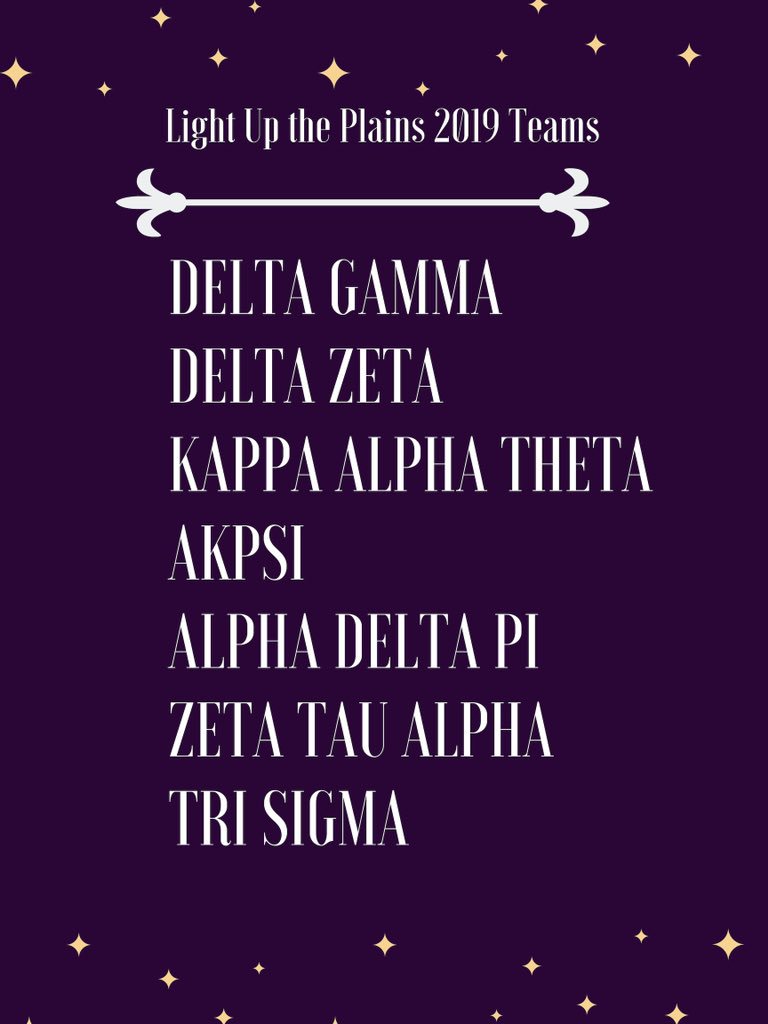 Excited to announce the official list of the fraternities and sororities participating in Light Up the Plains!! Get ready to raise as much as you can to help cancer survivors and patients and your Greek philanthropy!