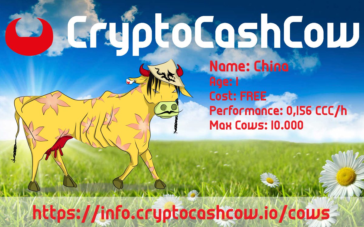 🤠🤠🤠This is our China cow!!! This level 1 cow produces 0.156 CCC tokens per hour. It is available free of charge with the coupon code FREECOW on  cryptocashcow.io  . Only 10.000 cow's available  get your one!!!  info.cryptocashcow.io/cows/   #CryptoCashCow #ToTheMoon 🤠🤠🤠
