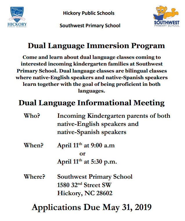 erindroberts's tweet photo. Do you have a student that will be in Kindergarten at Southwest Primary @Southwest_HPS in August?  Come check out our Dual Language Immersion Program on April 11th at 9am or 5:30pm! https://t.co/G58v1hxfct