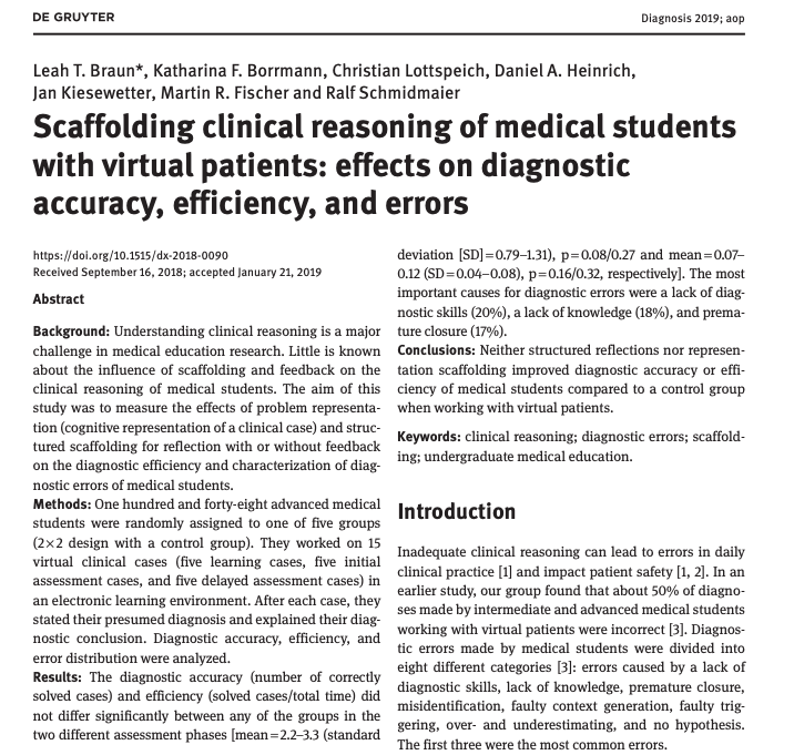 drjamesboyle's tweet photo. New #Diagnosis @ImproveDX paper: representation &amp; reflection #scaffolds did not improve diagnostic accuracy or reduce premature closure of medical students working with #Virtual_Patients @UK_CReME @HardeepSinghMD @MarkGraber https://t.co/EIRTof48gA … https://t.co/ml3lSE7PL6