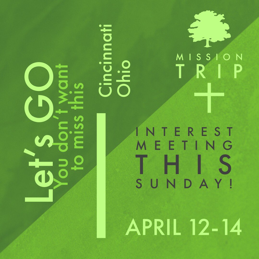 OakCityBC's tweet photo. MISSION TRIP INTEREST MEETING: This Sunday @ 9:45am in the Oak City fellowship hall...

Thinking about a short term mission trip for 2019? On Sunday February 24th, join us for a brief interest meeting to hear more about our upcoming trip to Cincinnati. https://t.co/mN8nNOe8Ks