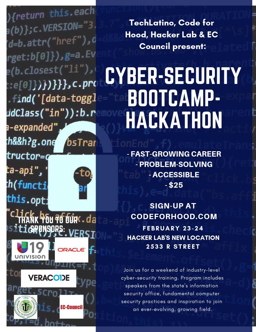 It's here! Code For Hood's 2-Day Cyber Security Bootcamp and Youth Hack-a-thon begins TOMORROW MORNING at 8:30 a.m. at Hacker Lab! We still have some spots open for your teens! Get them registered now -- it's just $25 for two days of fun and learning! buff.ly/2BnlAIm