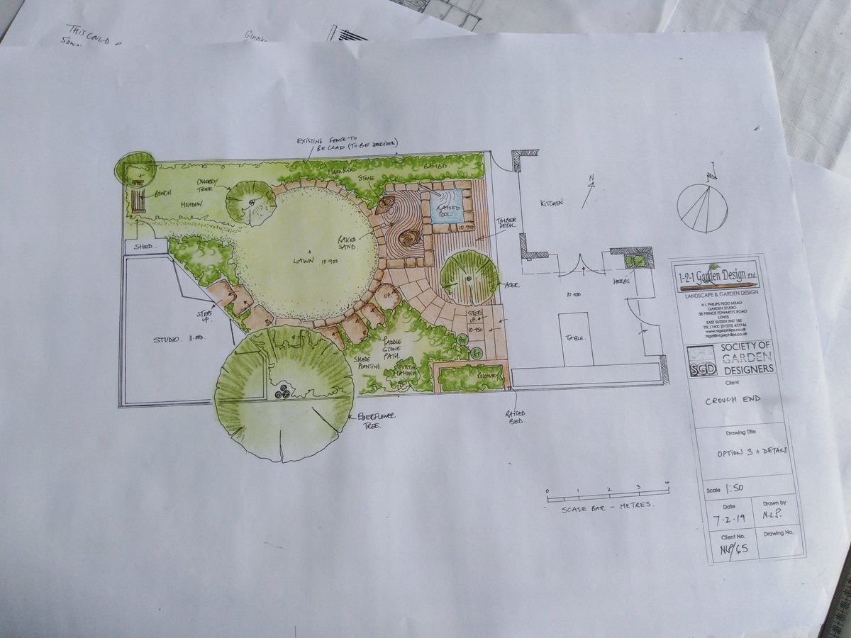 So here's the design - sorry it's a bit late. This design was measured up in the morning and conceived as a design with a conversation and design session with the client in the afternoon. Drawn up and coloured in it is ready for construction. #gardenconstruction #londoncontractor