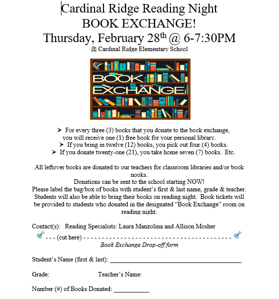 ReadingCre's tweet photo. Remember CRES Reading Night February 28th from 6-7:30! Hoping to see you for a fun night of LITERACY Activities!!!  # Reading Night 2019 @CardinalRidgeES https://t.co/b8XXXgSa1t