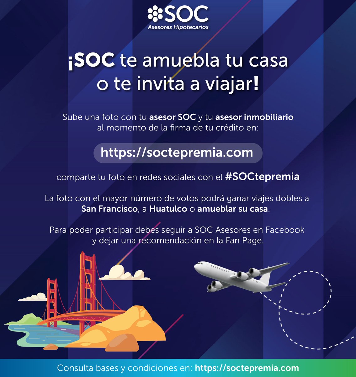 SOCasesores's tweet photo. Eliges casa, mejor aún
¡Eliges premios!

@SOCasesores te amuebla tu casa o te invita a viajar
👉🏼https://t.co/YGULrsV0T5
#SOCtepremia

Con SOC, Sí Obtienes Casa https://t.co/dCaYEgR4yI