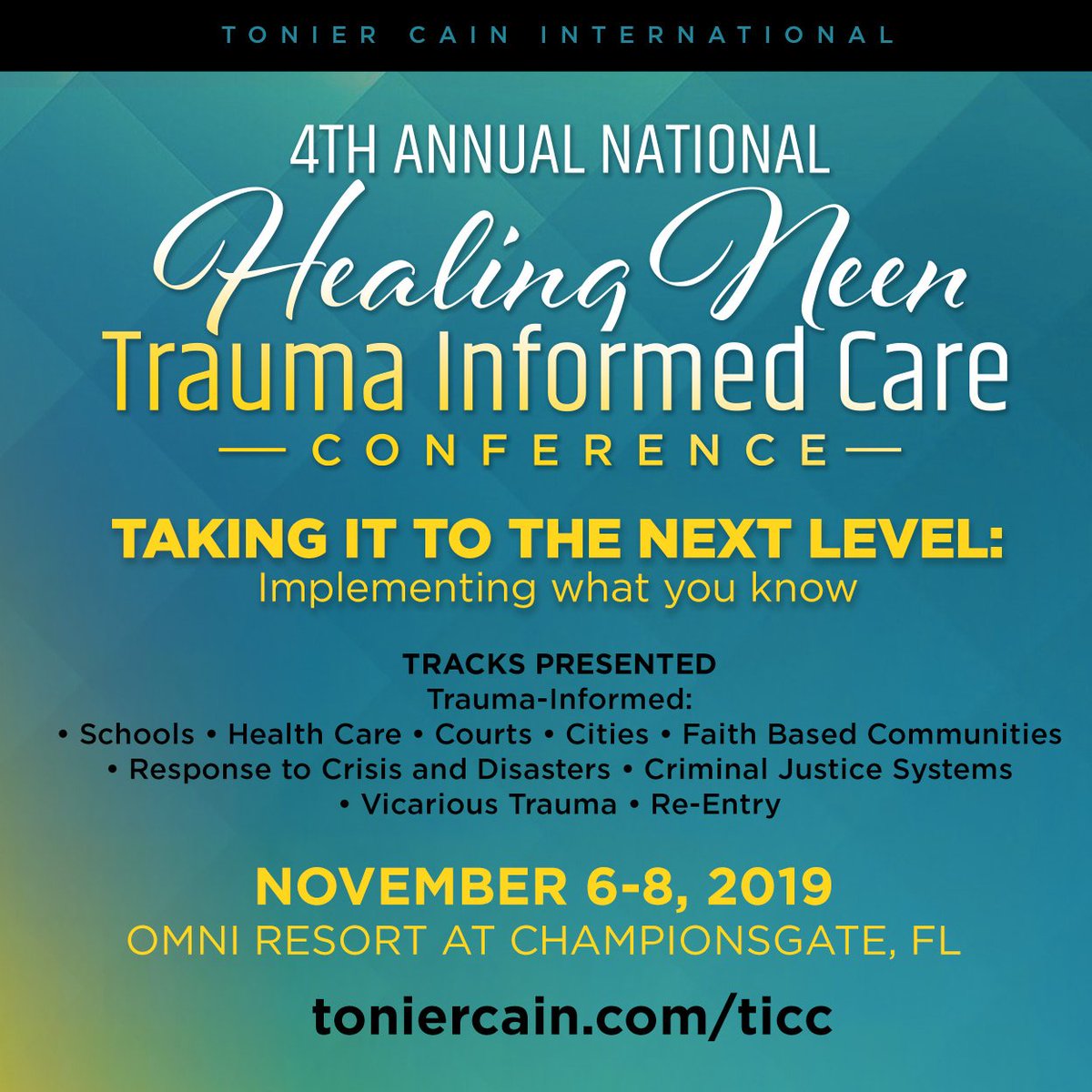 TonierCain's tweet photo. Integrating your trauma informed care knowledge into the lives of survivors. Join us in Orlando Nov 6-8th, 2019 Register: https://t.co/tgKqNKXe8H  Hotel: https://t.co/Ykr6fOc4S2  More info: https://t.co/q4sQvX70JO  #trauma #traumainformed https://t.co/oqSAyJG7hV