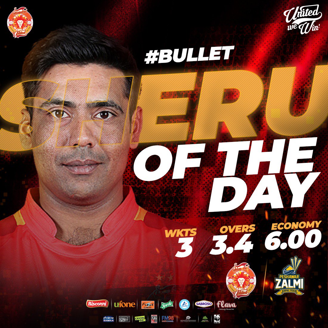 IsbUnited's tweet photo. Without any doubt, #Bullet is #SheruOfTheDay!
You deserve it #Kaptaan 👏 It was a brilliant performance under pressure. Congratulations to all our #RedHotSherus 🦁 as well, keep supporting us lads, this victory is for YOU. 😍

#UnitedWeWin #SherKiDhaar #RedHotChampions #IUvPZ https://t.co/iIRON3L8IO