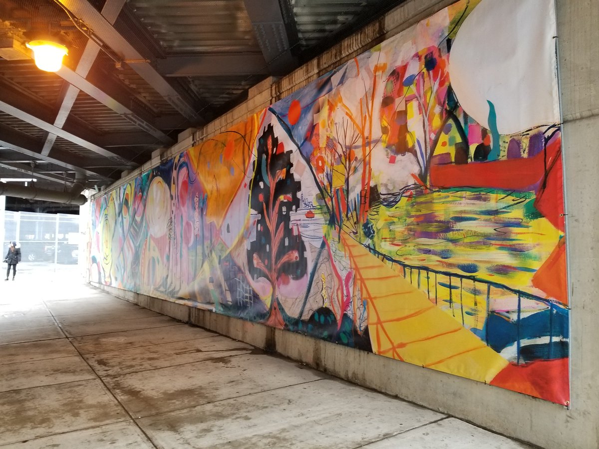 NYC_DOT's tweet photo. Your #StatenIslandFerry commute just got even brighter! A colorful new 10’ x 60’ vinyl banner by Emily Noelle Lambert was installed at St. George #SIFerry Terminal #onStatenIsland. This new #DOTArt #CommunityCommissions installation is in partnership with @NLMSINY. https://t.co/lWZ09hwvzA