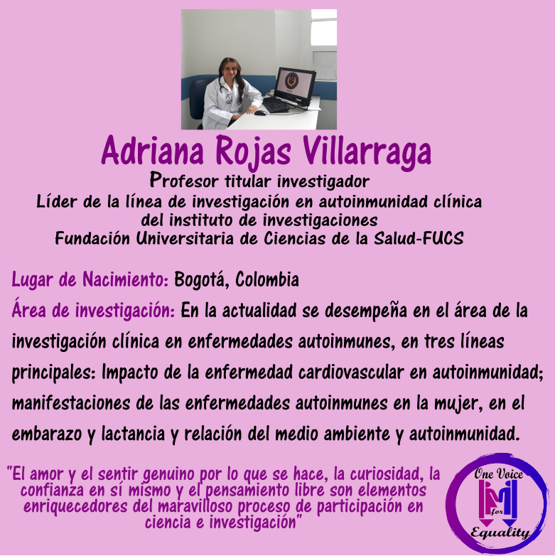 EqualityCol's tweet photo. Adriana Rojas Villarraga. Titular investigador, Líder de la línea de investigación en autoinmunidad clínica @MI_FUCS “Es importante el amor genuino por lo que se hace, la confianza en si mismo, el pensamiento libre” #lacaradenuestrascientificas @sadrirojas @BiblioFucs #soyfucs https://t.co/bkNA52iRFo