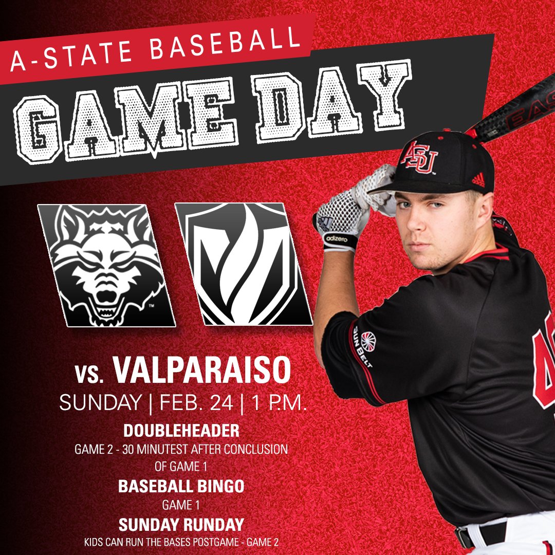 It's Opening Day at the Tom! Let's play two!

📅Feb. 24
🆚<a href="/ValpoBaseball/">Valpo Baseball</a> 
🏟Tomlinson Stadium/Kell Field
📍Jonesboro, Ark. 
⚾️Doubleheader
⏰First Pitch — 1 p.m.
👉Baseball BINGO - Game 1
👉Kids can run the bases postgame- Game 2
🎟bit.ly/2E2KHki

#WolvesUp