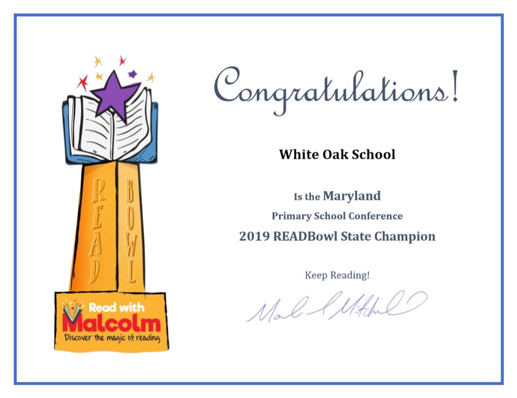 BaltCoPS's tweet photo. Which #TeamBCPS school has been named national reading champs twice over? 📚🏆🏆

That'd be @WhiteOakSchool!
*MD Primary School Conference 2019 READBowl State Champion
*MD Elementary School Conference 2019 READBowl State Champion
@ReadWithMalcolm #bcpsreads #bcpsliteracy https://t.co/hsAeGsScXx