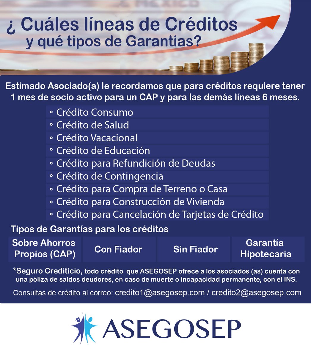 Líneas de Crédito y tipos de garantías que se trabajan en ASEGOSEP. asegosep.com/services/credi… dudas mediante correo credito1@asegosep.com / credito2@asegosep.com  #AsegosepComunica