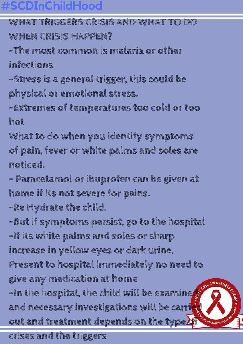 SickleCellAF_Ph's tweet photo. What triggers crisis and what to do when crisis happens
#SCDInChildhood
#BeSickleCellAware
#SCAFPH
#WarriorCell https://t.co/vg4PwMeuhQ
