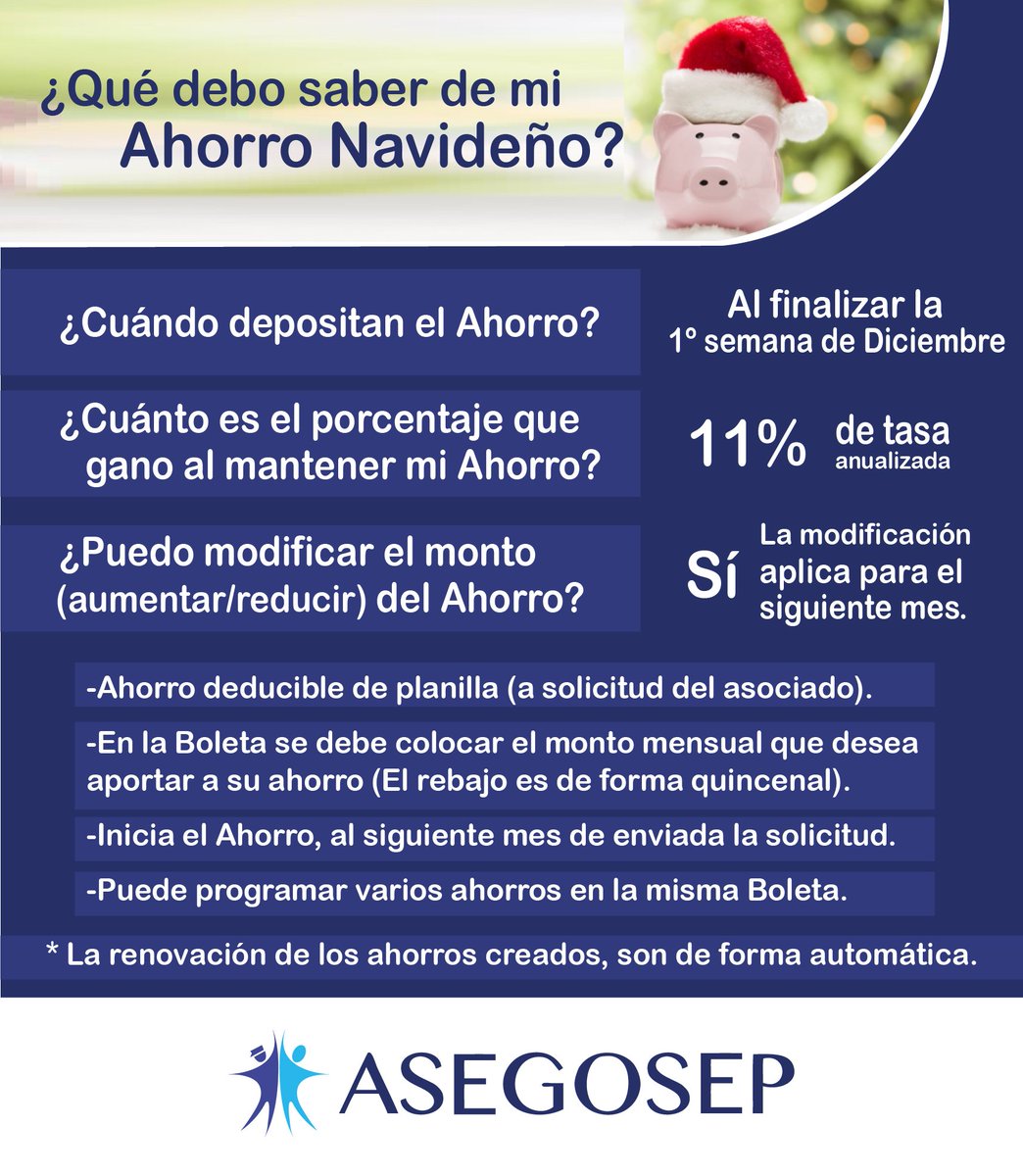 Ahorro Navideño
Puede crear/modificar/retirar/cancelar desde la web: asegosep.com/services/ahorr… #AsegosepComunica