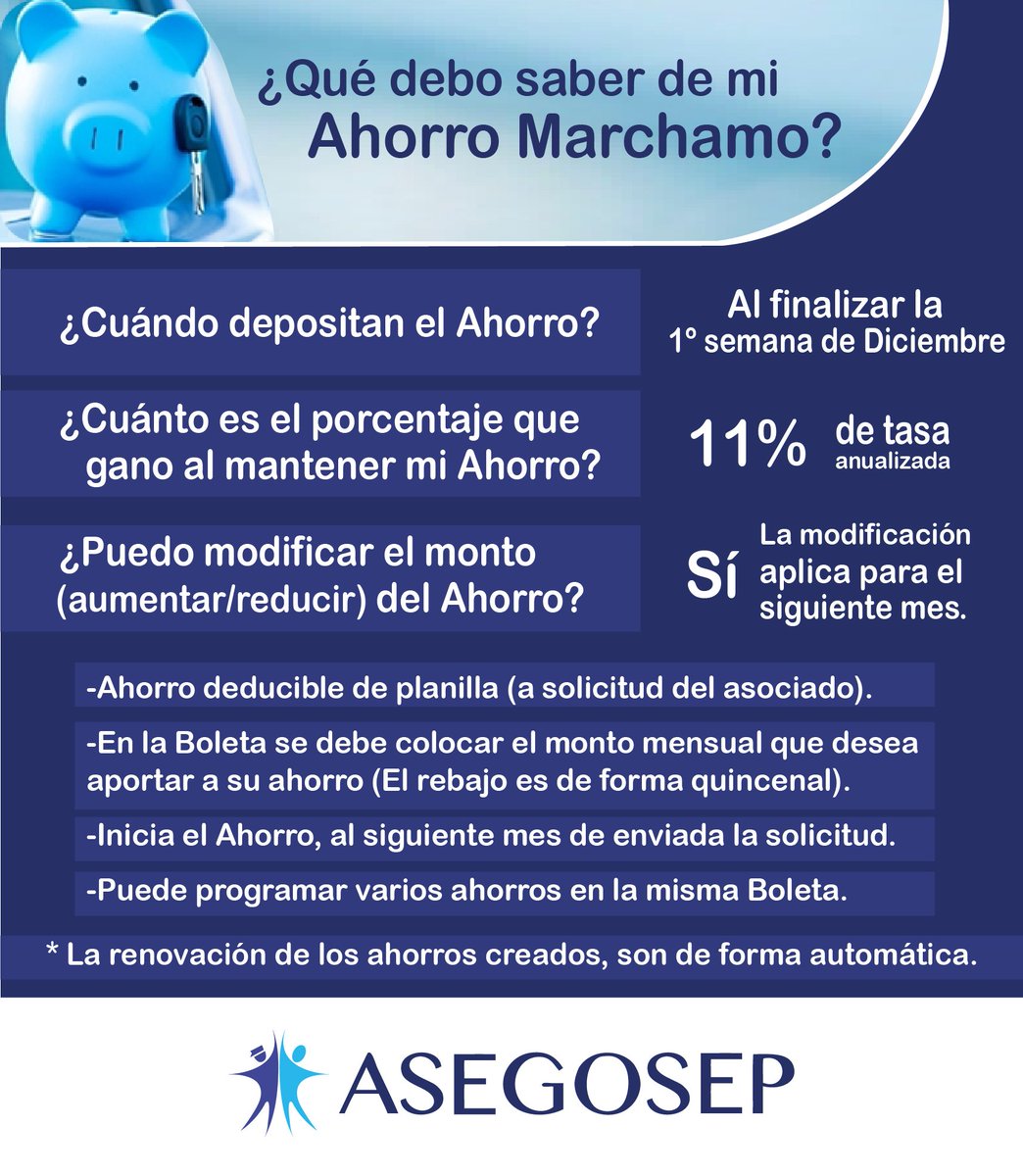 Ahorro Marchamo
Puede crear/modificar/retirar/cancelar desde la web: asegosep.com/services/ahorr… #AsegosepComunica