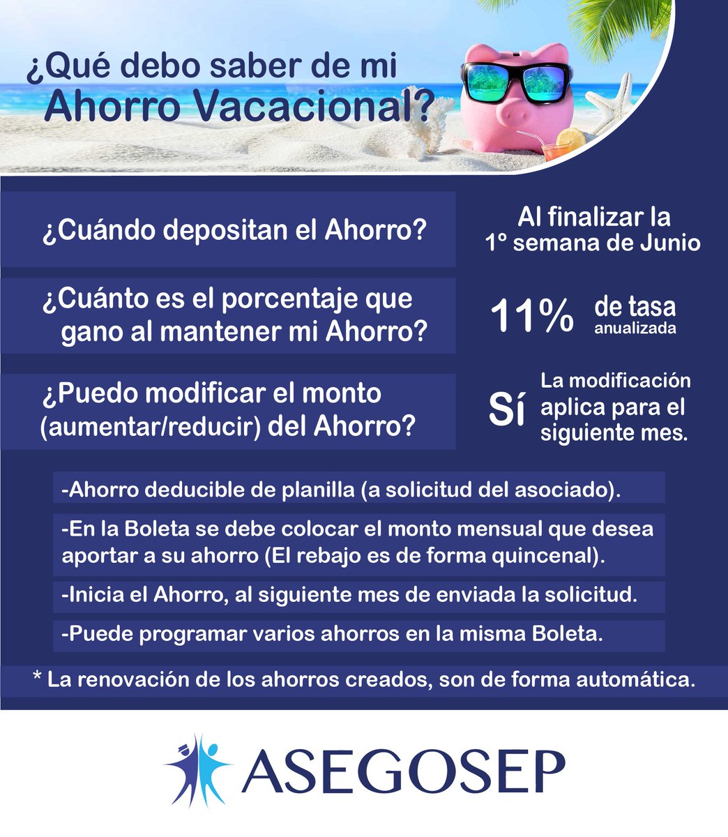 Ahorro Vacacional
Puede crear/modificar/retirar/cancelar desde la web: asegosep.com/services/ahorr… #AsegosepComunica