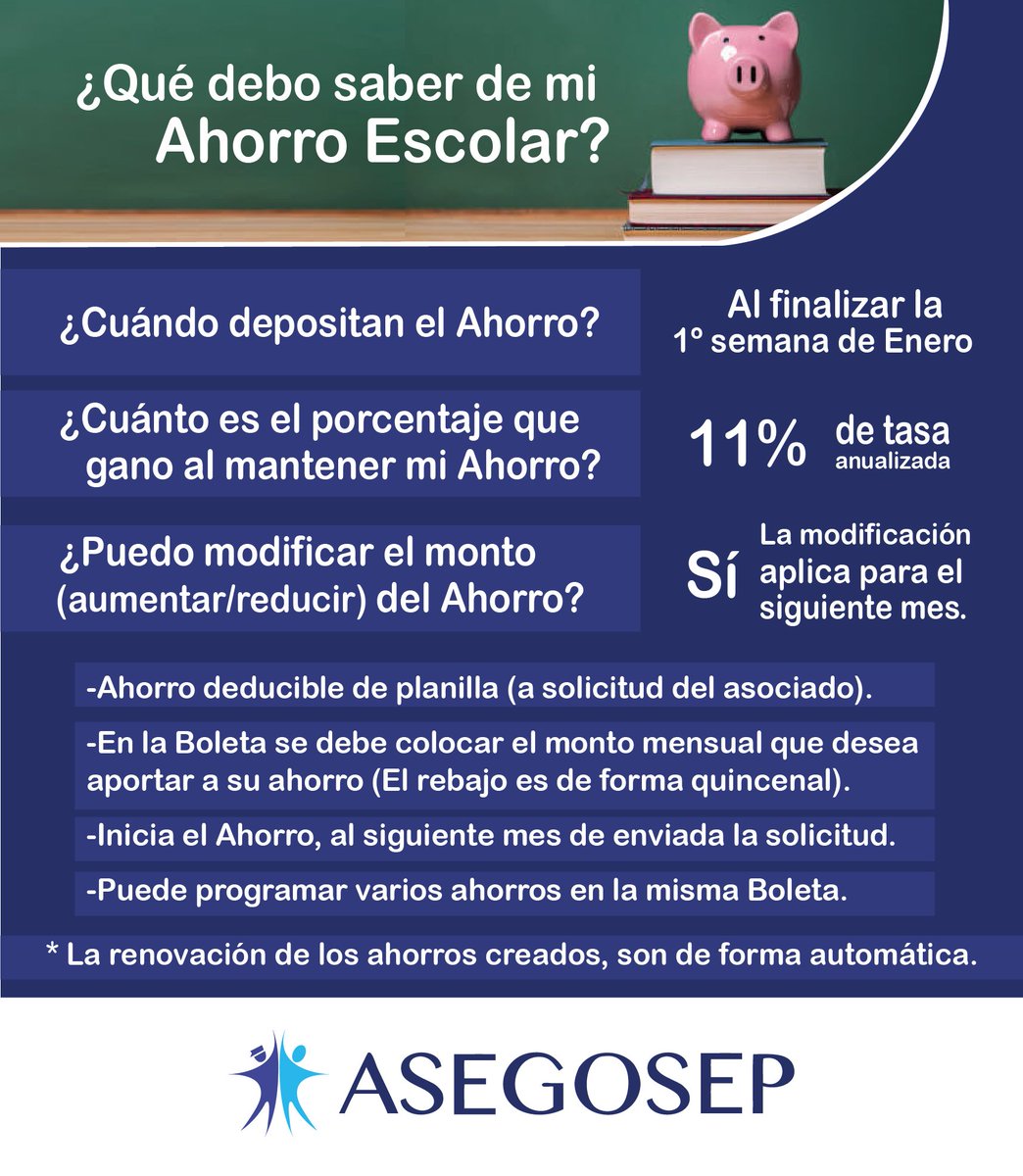 Ahorro Escolar
Puede crear/modificar/retirar/cancelar desde la web: asegosep.com/services/ahorr… #AsegosepComunica
