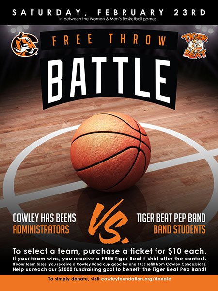 CowleyCollege's tweet photo. Tickets are going right & left! Select your team with a minimum online donation of $10.00. Give online at https://t.co/FkyGK2lNLT or at tomorrow's game. All proceeds benefit the Tiger Beat Pep Band. Ticket recipients will receive prizes while supplies. #donate #freethrowbattle https://t.co/dySubEYIRd