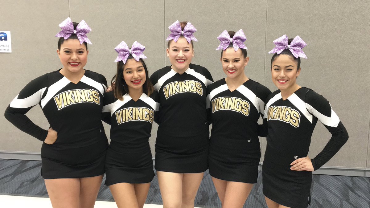 nhsvikingscheer's tweet photo. Congratulations to these ladies! They advanced to Group Stunt Intermediate finals! #house 💜 https://t.co/6jEFm3CSEm