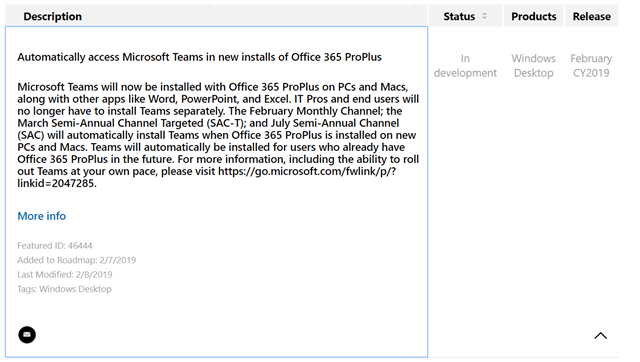 #MicrosoftTeams will be auto installed with new #Office365 ProPlus PC + Mac installs

- Feb Monthly Channel
- Mar Semi-Annual Channel Targeted (SAC-T)
- July Semi-Annual Channel (SAC)

Teams will automatically be added to existing installs in the future

tomtalks.blog/2019/02/micros…