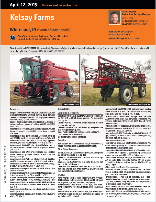 JPeddycord's tweet photo. Unreserved public auction Friday April 12th in Whiteland, IN for Kelsay Farms starting at 10:00 am. This will be a fantastic opportunity to add a new piece of equipment in your shed! #Auctions #Dairy #CaseIH #Claas #jcb @RitchieBrosAg @MachineryPete @farmiron @JoeKelsay https://t.co/fSdllvn7yE
