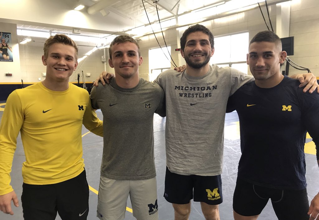 umichwrestling's tweet photo. Getting ready to celebrate these guys Sunday. Michigan Men. #GoBlue https://t.co/NMR1oih07l