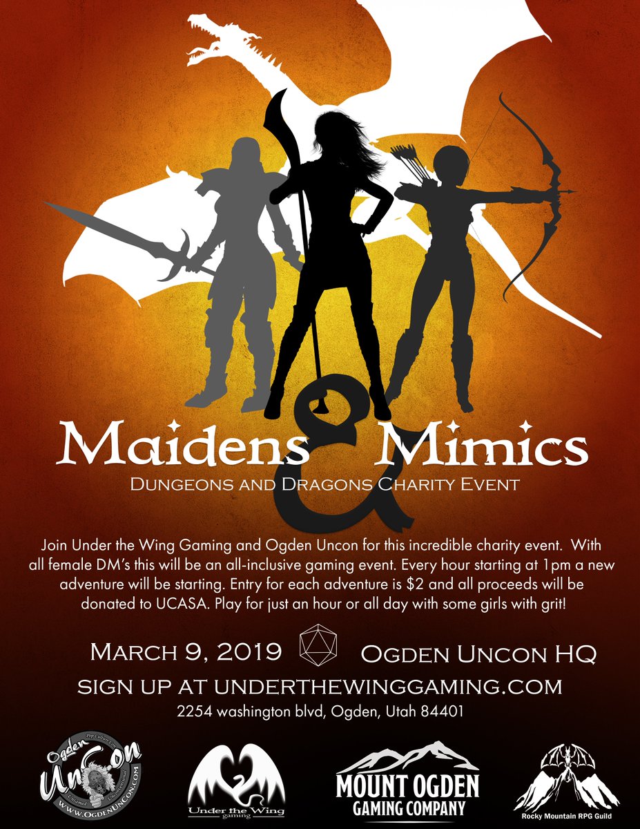 RT <a href="/UnderWingGaming/">Under the Wing Gaming</a>: Only 2 weeks left. Have you signed up yet? Come join us for a great day supporting a great cause! <a href="/OgdenUnCon/">OgdenUnCon | Pop Culture Convention</a> <a href="/RockymtnR/">RockymtnRPG</a> <a href="/mountogdengc/">David Morris</a> #dnd #givingback #girlgamers #charity