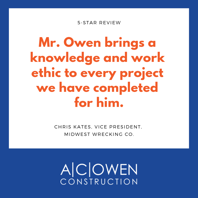 acowenconstruct's tweet photo. #ClientTestimonial: "Mr. Owen has always been a contractor that we have enjoyed working with and look forward to working with in the future. Mr. Owen brings a knowledge and work ethic to every project we have completed for him. -Chris Kates, Vice President, Midwest Wrecking Co. https://t.co/2rmb6LM0s6