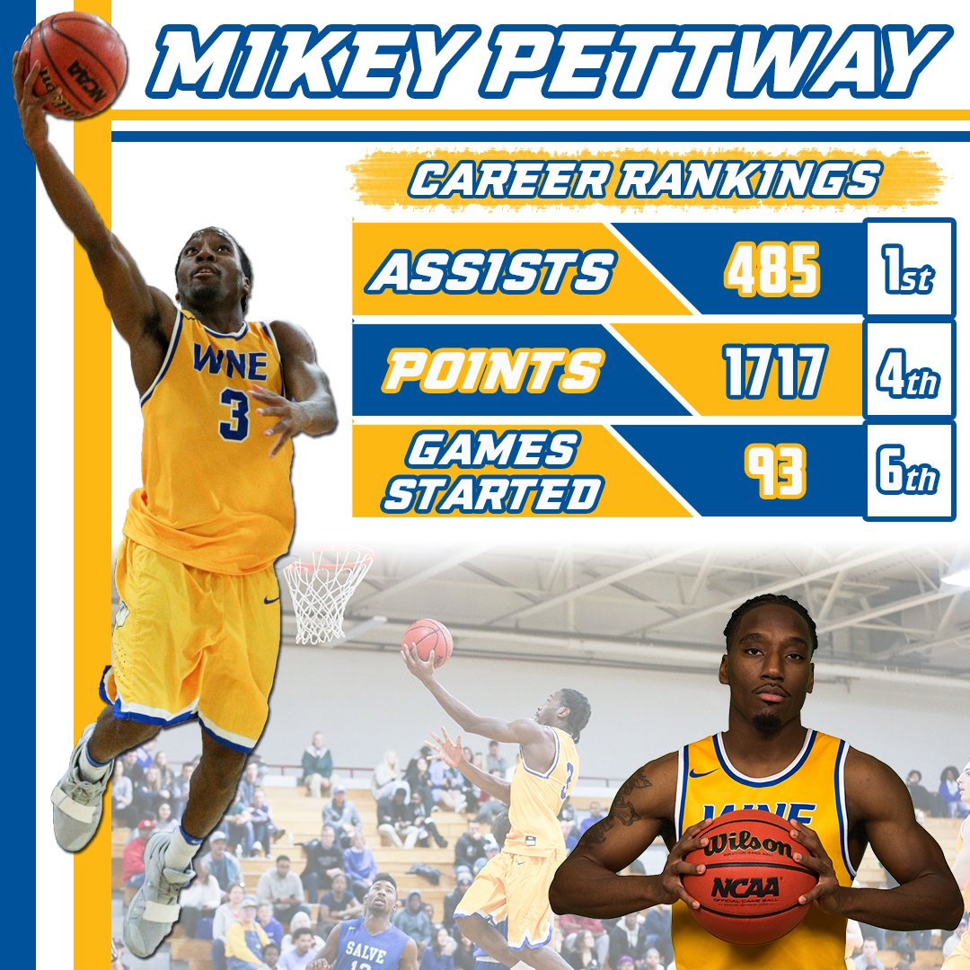 WNE_GoldenBears's tweet photo. Mikey Pettway will go down as one of the top players to ever suit up for @WNEbasketball. 

Pettway broke the program's career assist record last night, eclipsing the mark previously held by HOF inductee Mike O'Connor '03. He also ranks 4th in points &amp; 6th in games started. https://t.co/YlSBfEidr6