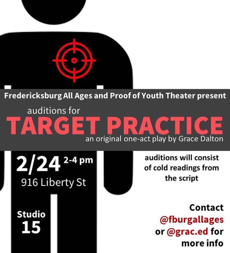 auditions this sunday from 2-4pm at liberty town arts center (studio 15 upstairs) for an original one-act by grace dalton (mvhs) TARGET PRACTICE ! contact via dm/ instagram dm for extra info :)