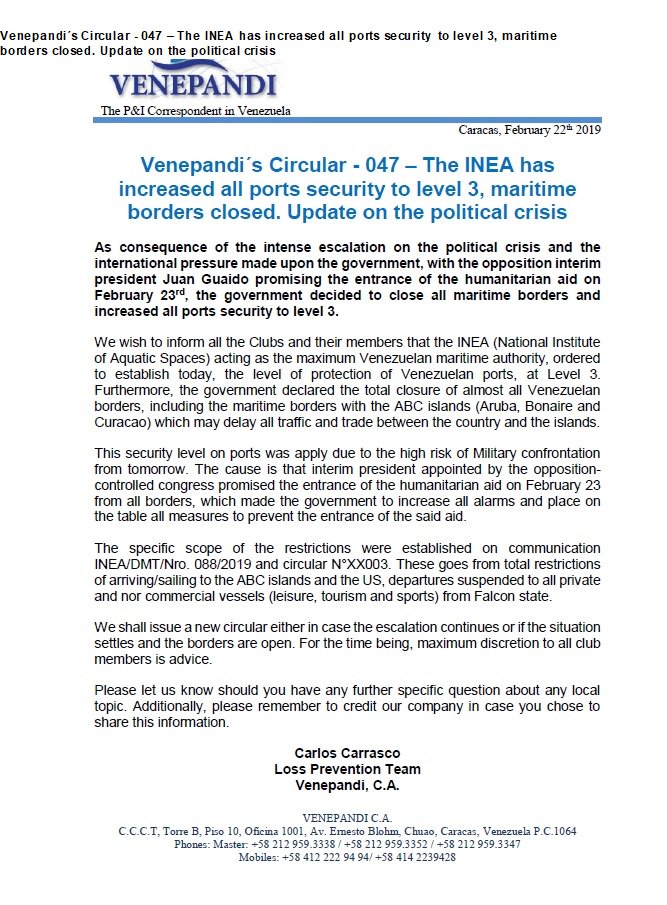 venepandi's tweet photo. Venepandi´s Circular - 047 �� The INEA has increased all ports security to level 3, maritime borders closed. Update on the political crisis https://t.co/4c6rhjNLtR
