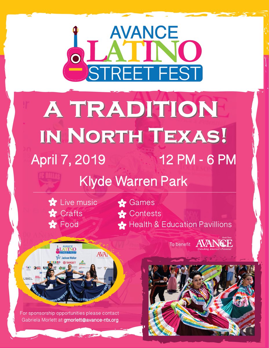 AVANCENTx's tweet photo. Save the date! The AVANCE Latino Street Fest a tradition in North Texas and the largest event of its kind to showcase the Latino Culture. #dfwfestivals #latinoculture #freeevent #familyevents #avancentx #supporteducation https://t.co/qLbxCJlrsg