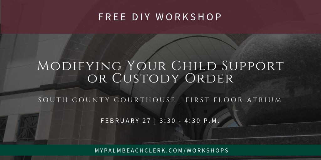 ClerkPBC's tweet photo. Get the information you need about modifying a child support or custody order at our Do-It-Yourself In Court Workshop on Feb. 27. 

@ClerkPBC holds monthly workshops on many topics to help you navigate the court system. Learn more: https://t.co/keOomTTZft

#SelfServiceSaturday https://t.co/Ye2Nqthg9Q